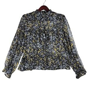 Rabbit Rose Blouse Women Small Black Yellow Floral Smocked Ruffle Cottagecore